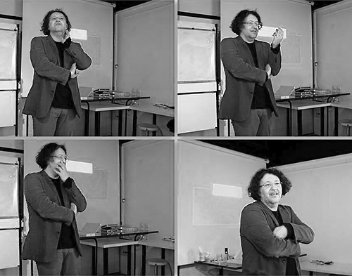 Altug Isigan'in konusurken cekilmis dort fotografindan bir kolaj
